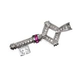 18CT WHITE GOLD RUBY AND DIAMOND KEY PENDANT