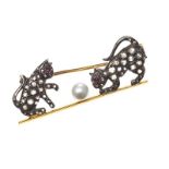 SILVER GILT RUBY, PEARL AND DIAMOND CATS BROOCH