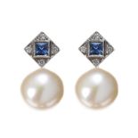 18CT WHITE GOLD FRESH WATER PEARL, DIAMOND AND SAPPHIRE EARRINGS