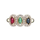 18CT GOLD SAPPHIRE, EMERALD, RUBY AND DIAMOND RING