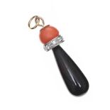 18CT GOLD DIAMOND, CORAL AND ONYX PENDANT
