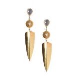 18CT GOLD MOONSTONE AND DIAMOND DROP EARRINGS