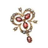 9CT GOLD GARNET AND SEED PEARL BROOCH