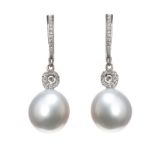 18CT WHITE GOLD SOUTH SEA PEARL AND DIAMOND EARRINGS