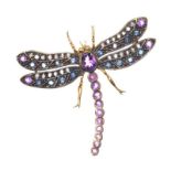 SILVER GILT AMETHYST, SAPPHIRE AND DIAMOND DRAGONFLY BROOCH