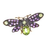 SILVER GILT PERIDOT, AMETHYST AND DIAMOND BROOCH