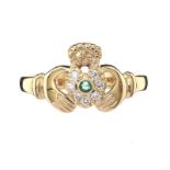 14CT GOLD EMERALD AND DIAMOND CLADDAGH RING