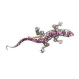 SILVER AND HIGH CARAT GOLD RUBY AND DIAMOND LIZARD BROOCH