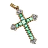 9CT GOLD EMERALD AND DIAMOND CROSS PENDANT