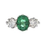 EMERALD AND DIAMOND THREE STONE RING (R)