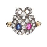 GOLD SAPPHIRE AND RUBY DOUBLE HEART RING