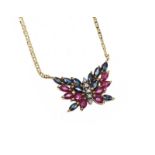 14CT GOLD BUTTERFLY NECKLACE SET WITH RUBIES, SAPPHIRES AND DIAMONDS