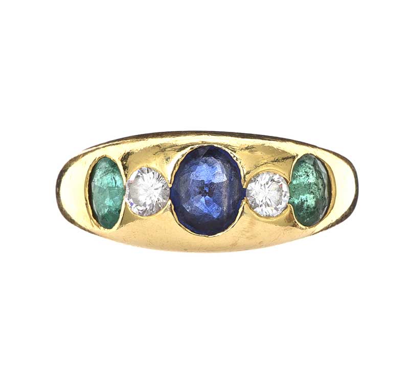 18CT GOLD SAPPHIRE, EMERALD AND DIAMOND RING