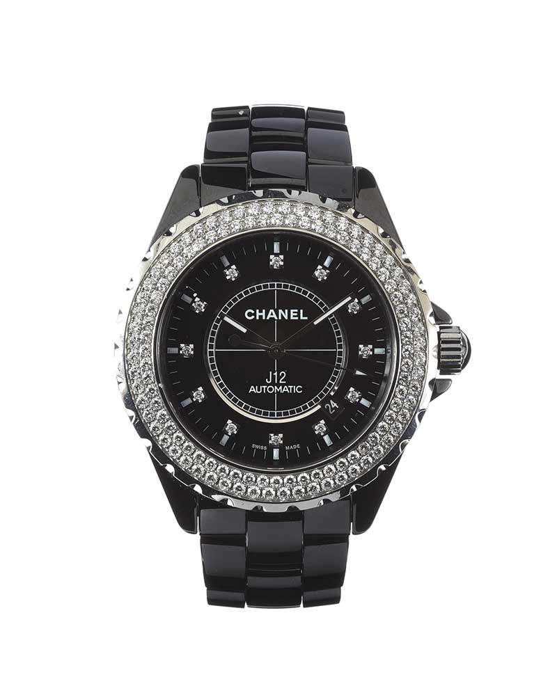 CHANEL 'J12' BLACK CERAMIC DIAMOND-SET LADY'S WRIST WATCH