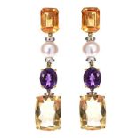 18CT GOLD CITRINE, AMETHYST AND PEARL DROP EARRINGS