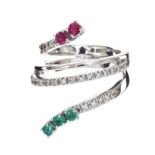 18CT WHITE GOLD RUBY, EMERALD AND DIAMOND RING BY DESIGNER MARIKA