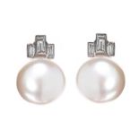 18CT WHITE GOLD FRESHWATER PEARL AND DIAMOND EARRINGS