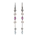 18CT WHITE GOLD DIAMOND, AQUAMARINE, PEARL AND PINK SAPPHIRE EARRINGS