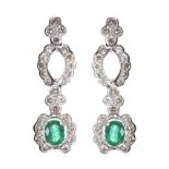 18CT WHITE GOLD EMERALD AND DIAMOND DROP EARRINGS