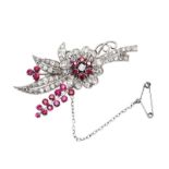 1950'S PLATINUM RUBY AND DIAMOND BROOCH