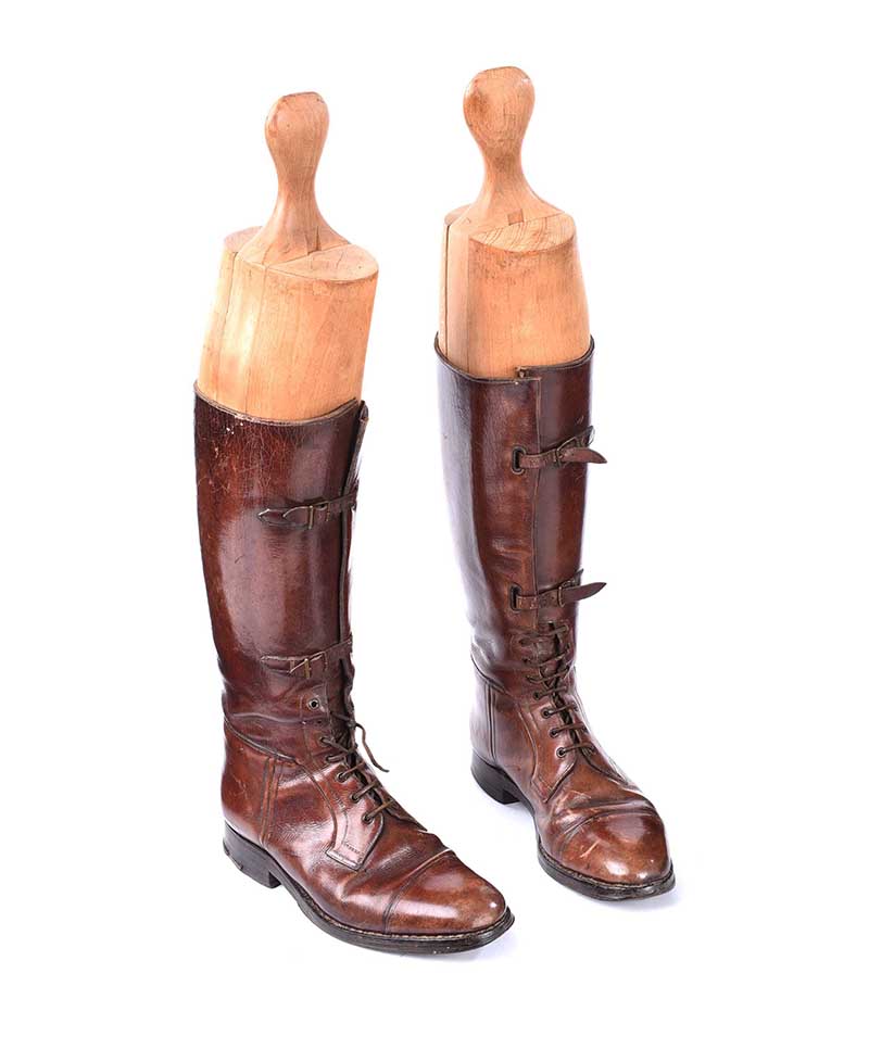 PAIR OF ANTIQUE LEATHER BOOTS WITH WOODEN BOOT TREES