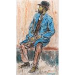 William Conor, RHA RUA - ENJOYING HIS PIPE - Wax Crayon on Paper - 8.5 x 5 inches - Signed