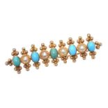 14CT GOLD TURQUOISE AND SEED PEARL BAR BROOCH