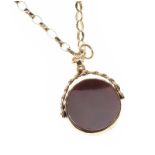 9CT GOLD HARDSTONE SWIVEL FOB AND 9CT GOLD CHAIN