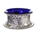 ANTIQUE STERLING SILVER POTATO RING WITH BRISTOL BLUE GLASS LINER