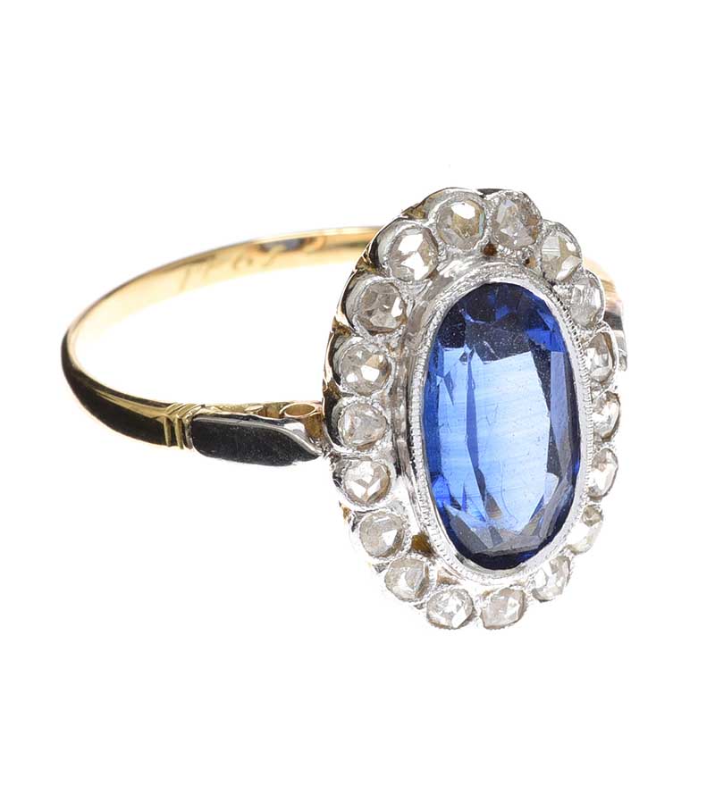 18CT GOLD BLUE GLASS AND DIAMOND RING - Image 2 of 4