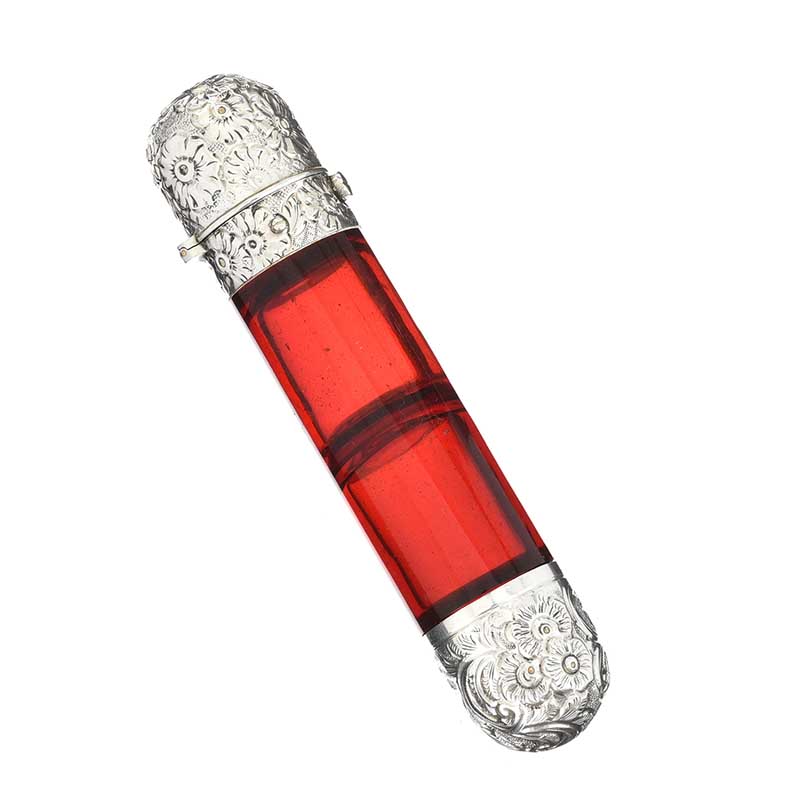 RUBY GLASS SILVER DOUBLE ENDED SCENT BOTTLE