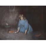 Robert Gemmell Hutchinson - THE KITTEN'S MILK - Pastel on Paper - 20 x 27 inches - Signed
