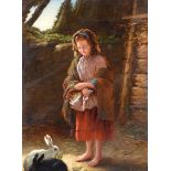Jonathan Pratt - GIRL WITH RABBITS - Oil on Board - 13 x 9 inches - Signed