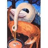 Graham Knuttel - THE FOX & THE STORK - Coloured Print - 8 x 5.5 inches - Unsigned