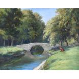 Charles McAuley - BOY BY THE BRIDGE - Oil on Canvas - 14 x 18 inches - Signed