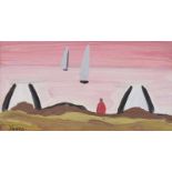Markey Robinson - SAILING, RED SKIES - Gouache on Board - 5 x 10 inches - Signed