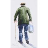 Lawrence Chambers - MAN WITH SHOPPING - Watercolour Drawing - 7 x 4 inches - Signed