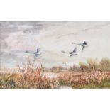 J.W. Greenlee - GEESE OVER WETLANDS - Watercolour Drawing - 10 x 16 inches - Signed