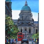 Sean Lorinyenko - BELFAST CITY HALL STREETSCAPE - Watercolour Drawing - 15.5 x 11.5 inches - Signed