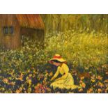 B. Whitty - GIRL PICKING FLOWERS - Oil on Board - 12 x 16 inches - Signed