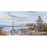 Frank Fitzsimons - BEACHED FISHING BOAT, STRANGFORD LOUGH - Oil on Canvas - 16 x 30 inches - Signed