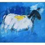 Con Campbell - SHEEP ON BLUE - Oil on Board - 8 x 8.5 inches - Signed