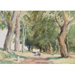 Claude Hayes, RI ROI - CATTLE ON THE ROAD THROUGH THE WOODS - Watercolour Drawing - 10 x 14 inches -