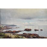 Charles McAuley - ROCKS ON THE ANTRIM COAST - Oil on Board - 12 x 18 inches - Signed