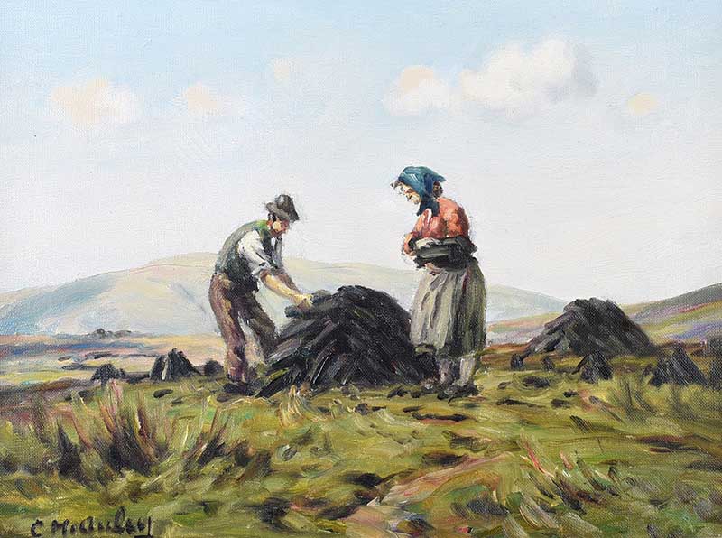 Charles McAuley - STACKING TURF, BOG IN THE GLENS - Oil on Canvas - 13 x 18 inches - Signed