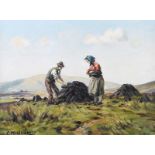 Charles McAuley - STACKING TURF, BOG IN THE GLENS - Oil on Canvas - 13 x 18 inches - Signed