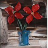 Colin Flack - RED FLOWERS IN A VASE - Oil on Glass - 5.5 x 5.5 inches - Signed