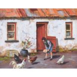 Donal McNaughton - FEEDING CHICKENS - Oil on Board - 16 x 20 inches - Signed