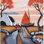 J.P. Rooney - THE RED SAIL BOAT - Oil on Board - 12 x 12 inches - Signed