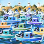 George Callaghan - FISHING BOATS, MYKONOS - Oil & Acrylic on Canvas - 20 x 20 inches - Signed